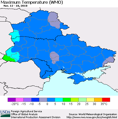 Ukraine, Moldova and Belarus Maximum Temperature (WMO) Thematic Map For 11/12/2018 - 11/18/2018
