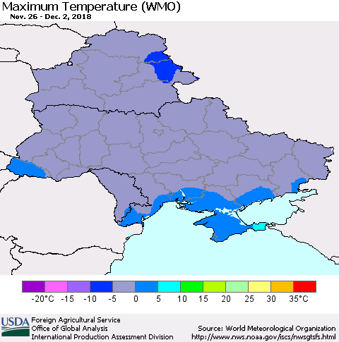 Ukraine, Moldova and Belarus Maximum Temperature (WMO) Thematic Map For 11/26/2018 - 12/2/2018