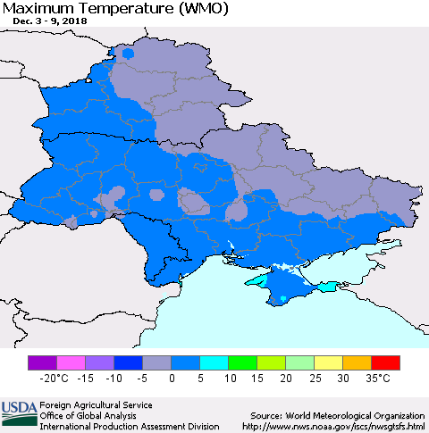 Ukraine, Moldova and Belarus Maximum Temperature (WMO) Thematic Map For 12/3/2018 - 12/9/2018