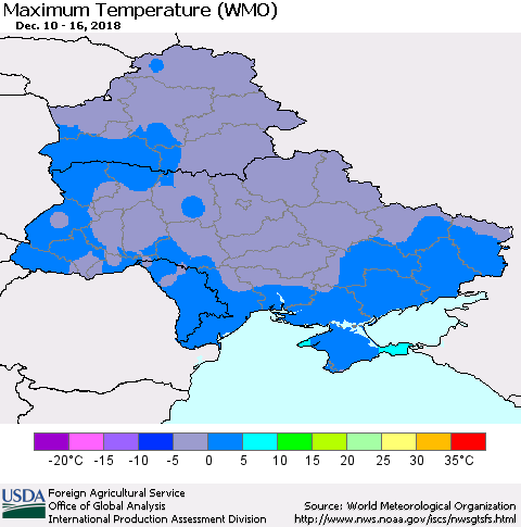Ukraine, Moldova and Belarus Maximum Temperature (WMO) Thematic Map For 12/10/2018 - 12/16/2018