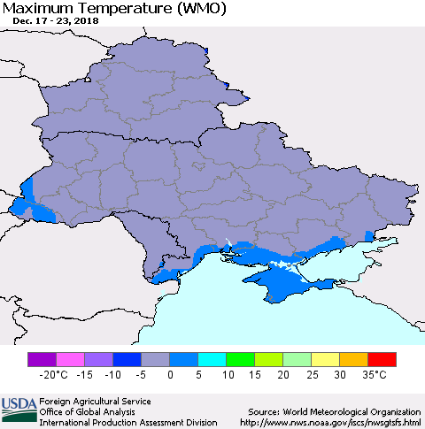 Ukraine, Moldova and Belarus Maximum Temperature (WMO) Thematic Map For 12/17/2018 - 12/23/2018