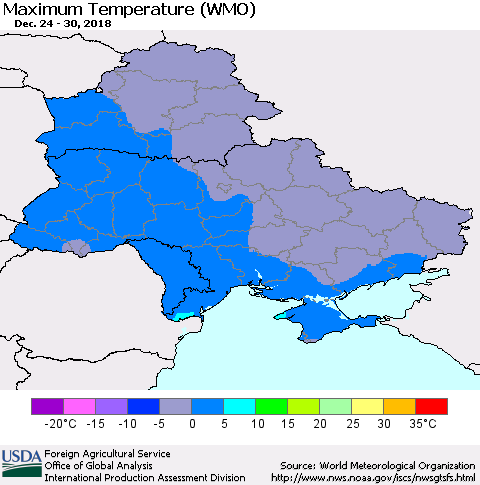 Ukraine, Moldova and Belarus Maximum Temperature (WMO) Thematic Map For 12/24/2018 - 12/30/2018