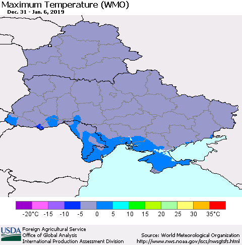 Ukraine, Moldova and Belarus Maximum Temperature (WMO) Thematic Map For 12/31/2018 - 1/6/2019