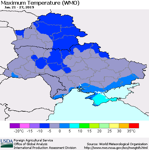 Ukraine, Moldova and Belarus Maximum Temperature (WMO) Thematic Map For 1/21/2019 - 1/27/2019