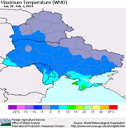 Ukraine, Moldova and Belarus Maximum Temperature (WMO) Thematic Map For 1/28/2019 - 2/3/2019