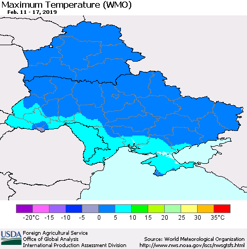 Ukraine, Moldova and Belarus Maximum Temperature (WMO) Thematic Map For 2/11/2019 - 2/17/2019