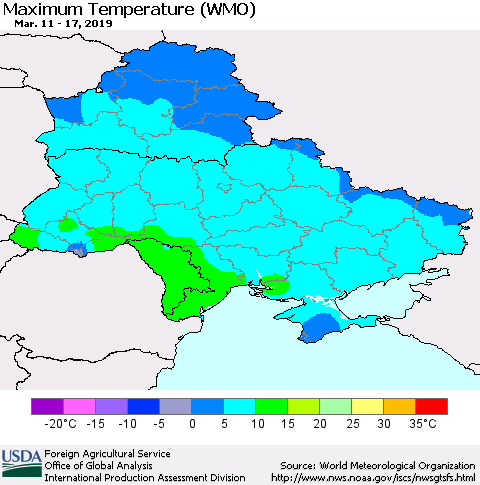 Ukraine, Moldova and Belarus Maximum Temperature (WMO) Thematic Map For 3/11/2019 - 3/17/2019