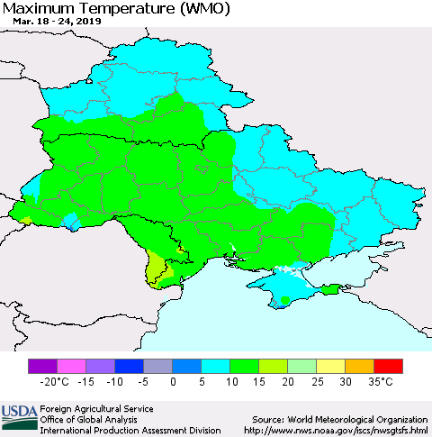 Ukraine, Moldova and Belarus Maximum Temperature (WMO) Thematic Map For 3/18/2019 - 3/24/2019