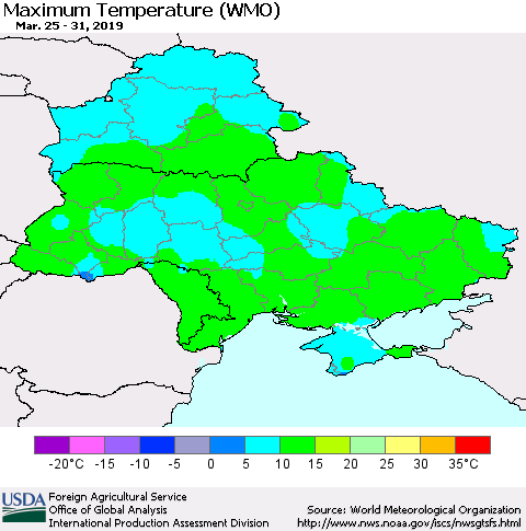 Ukraine, Moldova and Belarus Maximum Temperature (WMO) Thematic Map For 3/25/2019 - 3/31/2019