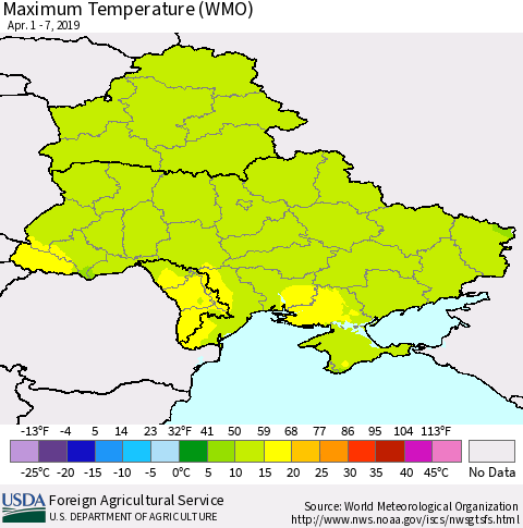 Ukraine, Moldova and Belarus Maximum Temperature (WMO) Thematic Map For 4/1/2019 - 4/7/2019