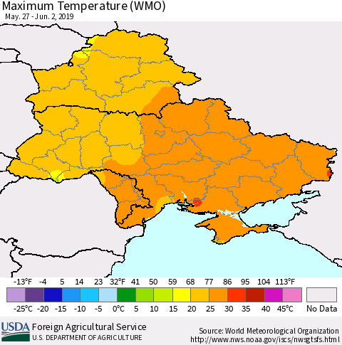 Ukraine, Moldova and Belarus Maximum Temperature (WMO) Thematic Map For 5/27/2019 - 6/2/2019