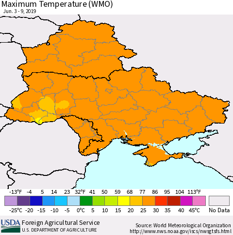 Ukraine, Moldova and Belarus Maximum Temperature (WMO) Thematic Map For 6/3/2019 - 6/9/2019