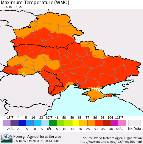 Ukraine, Moldova and Belarus Maximum Temperature (WMO) Thematic Map For 6/10/2019 - 6/16/2019