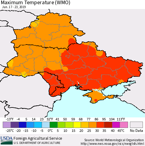Ukraine, Moldova and Belarus Maximum Temperature (WMO) Thematic Map For 6/17/2019 - 6/23/2019
