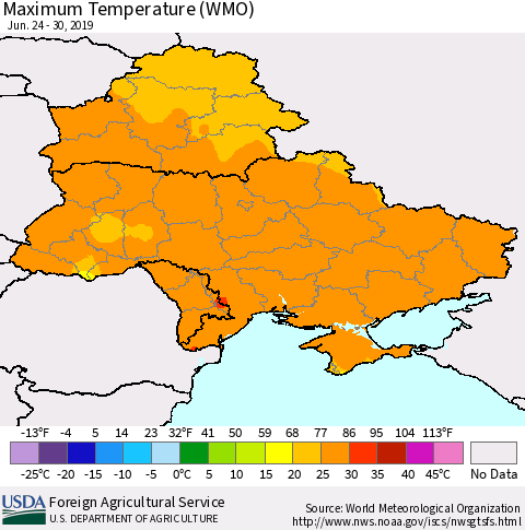 Ukraine, Moldova and Belarus Maximum Temperature (WMO) Thematic Map For 6/24/2019 - 6/30/2019