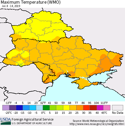 Ukraine, Moldova and Belarus Maximum Temperature (WMO) Thematic Map For 7/8/2019 - 7/14/2019
