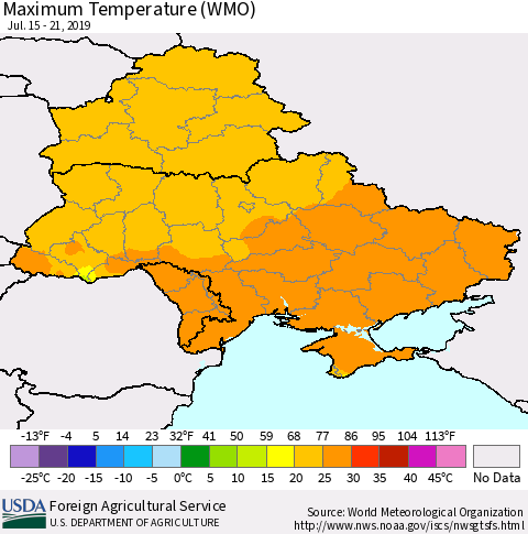Ukraine, Moldova and Belarus Maximum Temperature (WMO) Thematic Map For 7/15/2019 - 7/21/2019