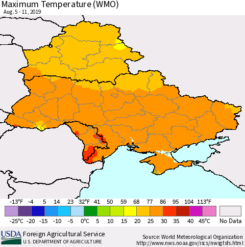 Ukraine, Moldova and Belarus Maximum Temperature (WMO) Thematic Map For 8/5/2019 - 8/11/2019