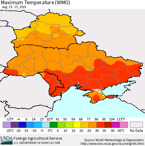 Ukraine, Moldova and Belarus Maximum Temperature (WMO) Thematic Map For 8/19/2019 - 8/25/2019