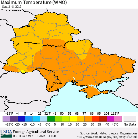 Ukraine, Moldova and Belarus Maximum Temperature (WMO) Thematic Map For 9/2/2019 - 9/8/2019