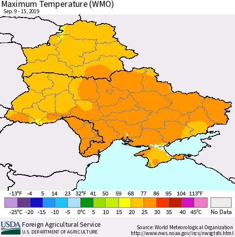 Ukraine, Moldova and Belarus Maximum Temperature (WMO) Thematic Map For 9/9/2019 - 9/15/2019