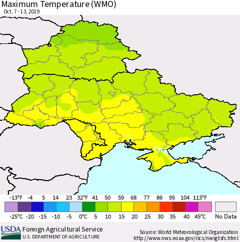 Ukraine, Moldova and Belarus Maximum Temperature (WMO) Thematic Map For 10/7/2019 - 10/13/2019