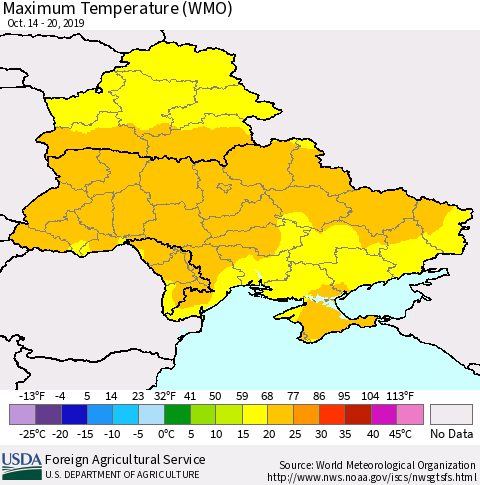 Ukraine, Moldova and Belarus Maximum Temperature (WMO) Thematic Map For 10/14/2019 - 10/20/2019