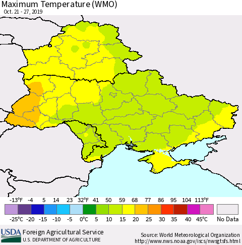 Ukraine, Moldova and Belarus Maximum Temperature (WMO) Thematic Map For 10/21/2019 - 10/27/2019