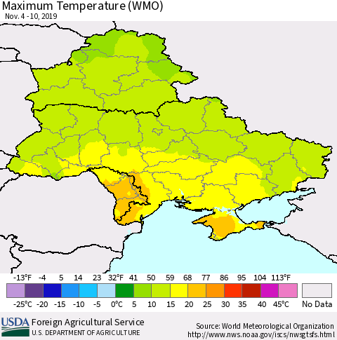 Ukraine, Moldova and Belarus Maximum Temperature (WMO) Thematic Map For 11/4/2019 - 11/10/2019