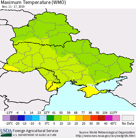 Ukraine, Moldova and Belarus Maximum Temperature (WMO) Thematic Map For 11/11/2019 - 11/17/2019