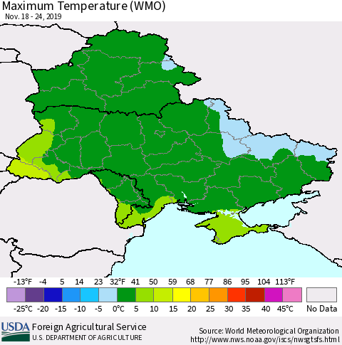 Ukraine, Moldova and Belarus Maximum Temperature (WMO) Thematic Map For 11/18/2019 - 11/24/2019