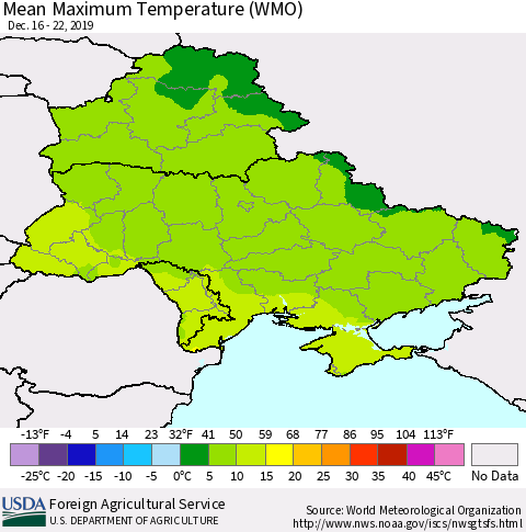 Ukraine, Moldova and Belarus Maximum Temperature (WMO) Thematic Map For 12/16/2019 - 12/22/2019