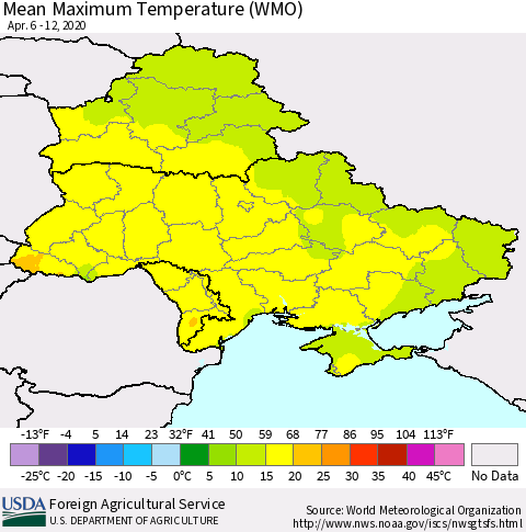 Ukraine, Moldova and Belarus Maximum Temperature (WMO) Thematic Map For 4/6/2020 - 4/12/2020