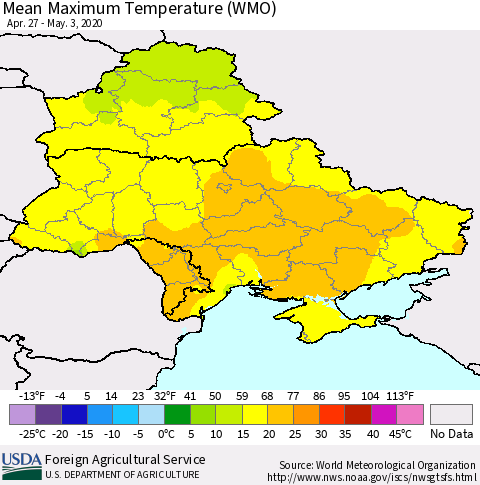 Ukraine, Moldova and Belarus Maximum Temperature (WMO) Thematic Map For 4/27/2020 - 5/3/2020