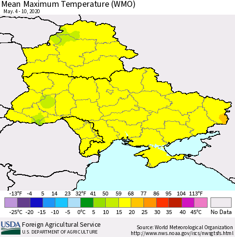Ukraine, Moldova and Belarus Maximum Temperature (WMO) Thematic Map For 5/4/2020 - 5/10/2020