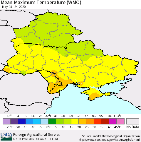 Ukraine, Moldova and Belarus Maximum Temperature (WMO) Thematic Map For 5/18/2020 - 5/24/2020