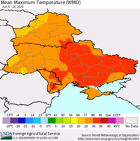 Ukraine, Moldova and Belarus Maximum Temperature (WMO) Thematic Map For 6/8/2020 - 6/14/2020