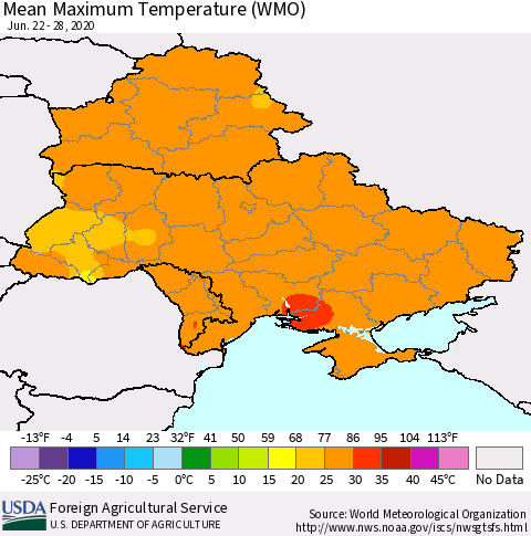 Ukraine, Moldova and Belarus Maximum Temperature (WMO) Thematic Map For 6/22/2020 - 6/28/2020