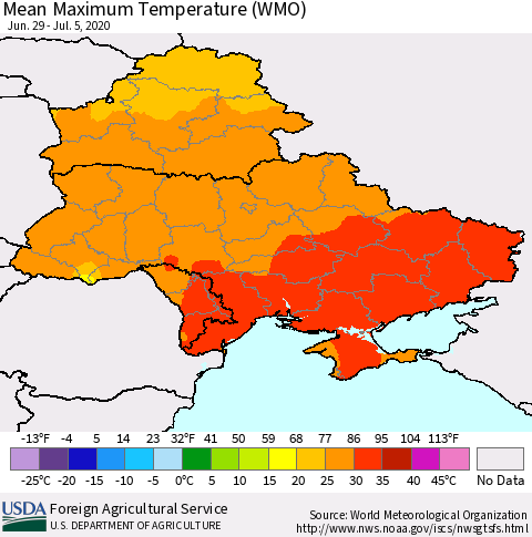 Ukraine, Moldova and Belarus Maximum Temperature (WMO) Thematic Map For 6/29/2020 - 7/5/2020