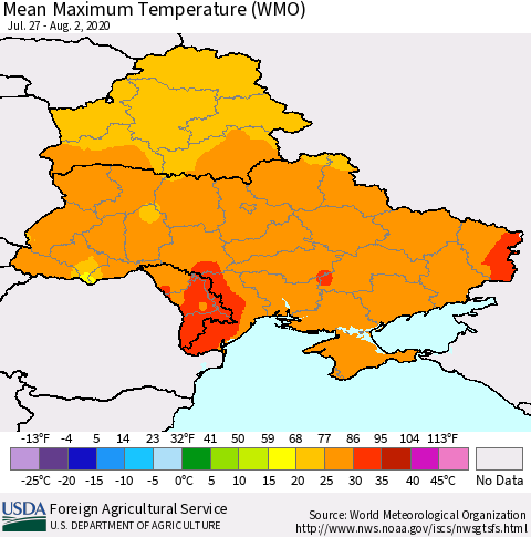 Ukraine, Moldova and Belarus Maximum Temperature (WMO) Thematic Map For 7/27/2020 - 8/2/2020