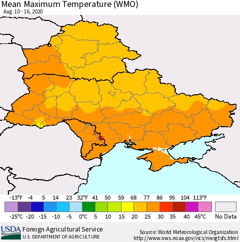 Ukraine, Moldova and Belarus Maximum Temperature (WMO) Thematic Map For 8/10/2020 - 8/16/2020