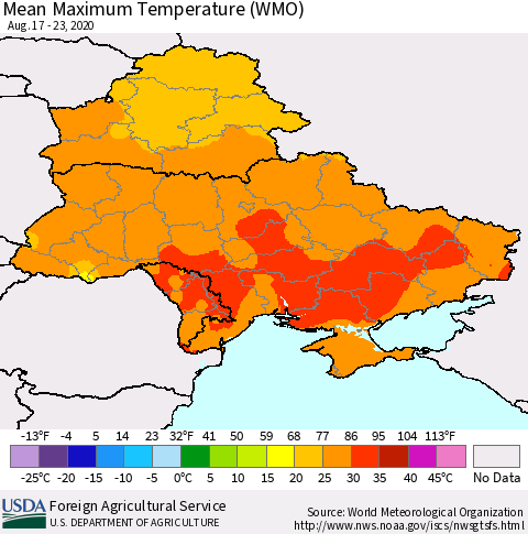 Ukraine, Moldova and Belarus Maximum Temperature (WMO) Thematic Map For 8/17/2020 - 8/23/2020