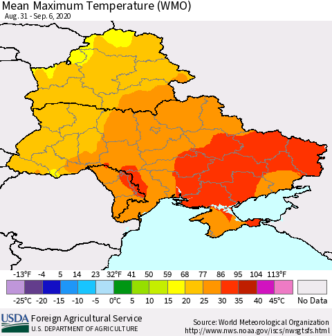 Ukraine, Moldova and Belarus Maximum Temperature (WMO) Thematic Map For 8/31/2020 - 9/6/2020