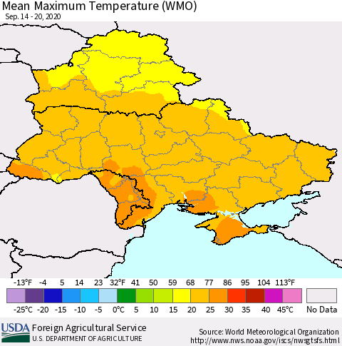 Ukraine, Moldova and Belarus Maximum Temperature (WMO) Thematic Map For 9/14/2020 - 9/20/2020