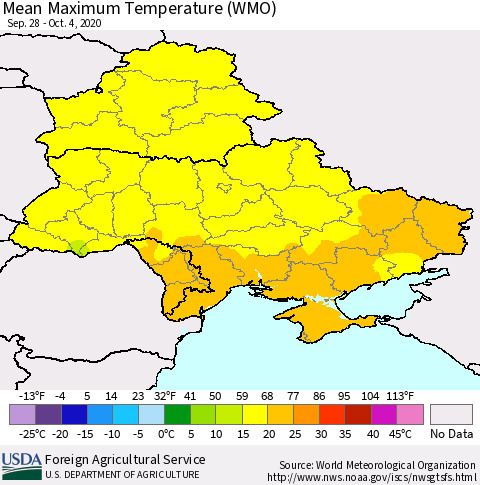 Ukraine, Moldova and Belarus Maximum Temperature (WMO) Thematic Map For 9/28/2020 - 10/4/2020