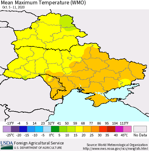 Ukraine, Moldova and Belarus Maximum Temperature (WMO) Thematic Map For 10/5/2020 - 10/11/2020