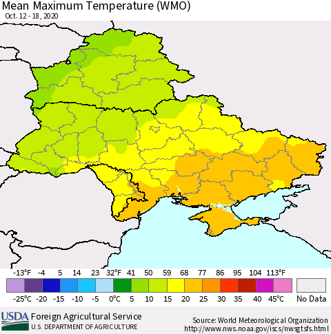 Ukraine, Moldova and Belarus Maximum Temperature (WMO) Thematic Map For 10/12/2020 - 10/18/2020