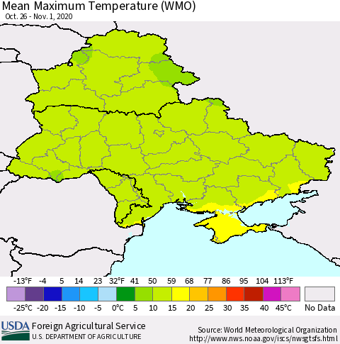 Ukraine, Moldova and Belarus Maximum Temperature (WMO) Thematic Map For 10/26/2020 - 11/1/2020