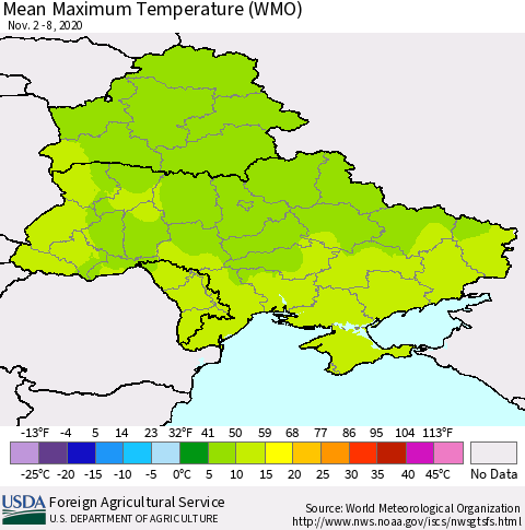 Ukraine, Moldova and Belarus Maximum Temperature (WMO) Thematic Map For 11/2/2020 - 11/8/2020