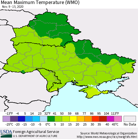 Ukraine, Moldova and Belarus Maximum Temperature (WMO) Thematic Map For 11/9/2020 - 11/15/2020